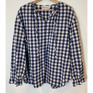 Nikki Chasin Shirt Blouse Boho Cottagecore Cotton Linen Blue Cream Gingham L